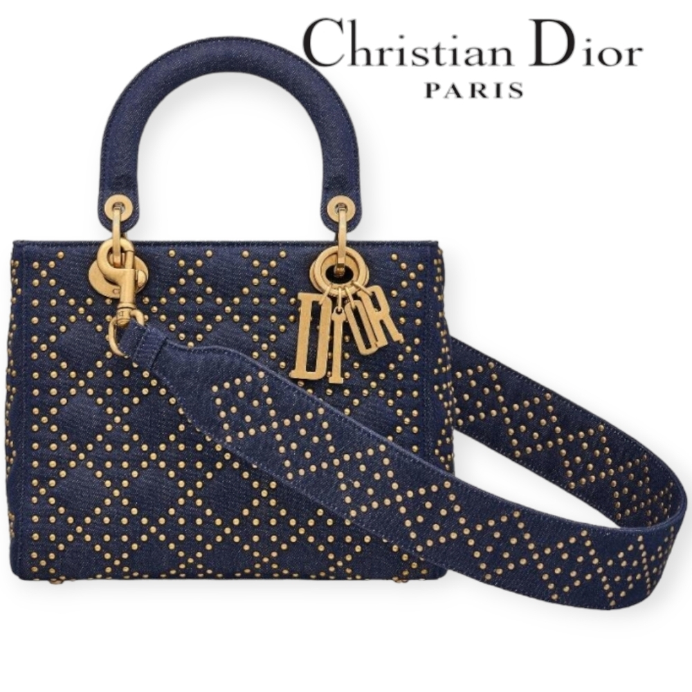 Christian Dior Medium Blue Denim Studded Lady Dior Handbag